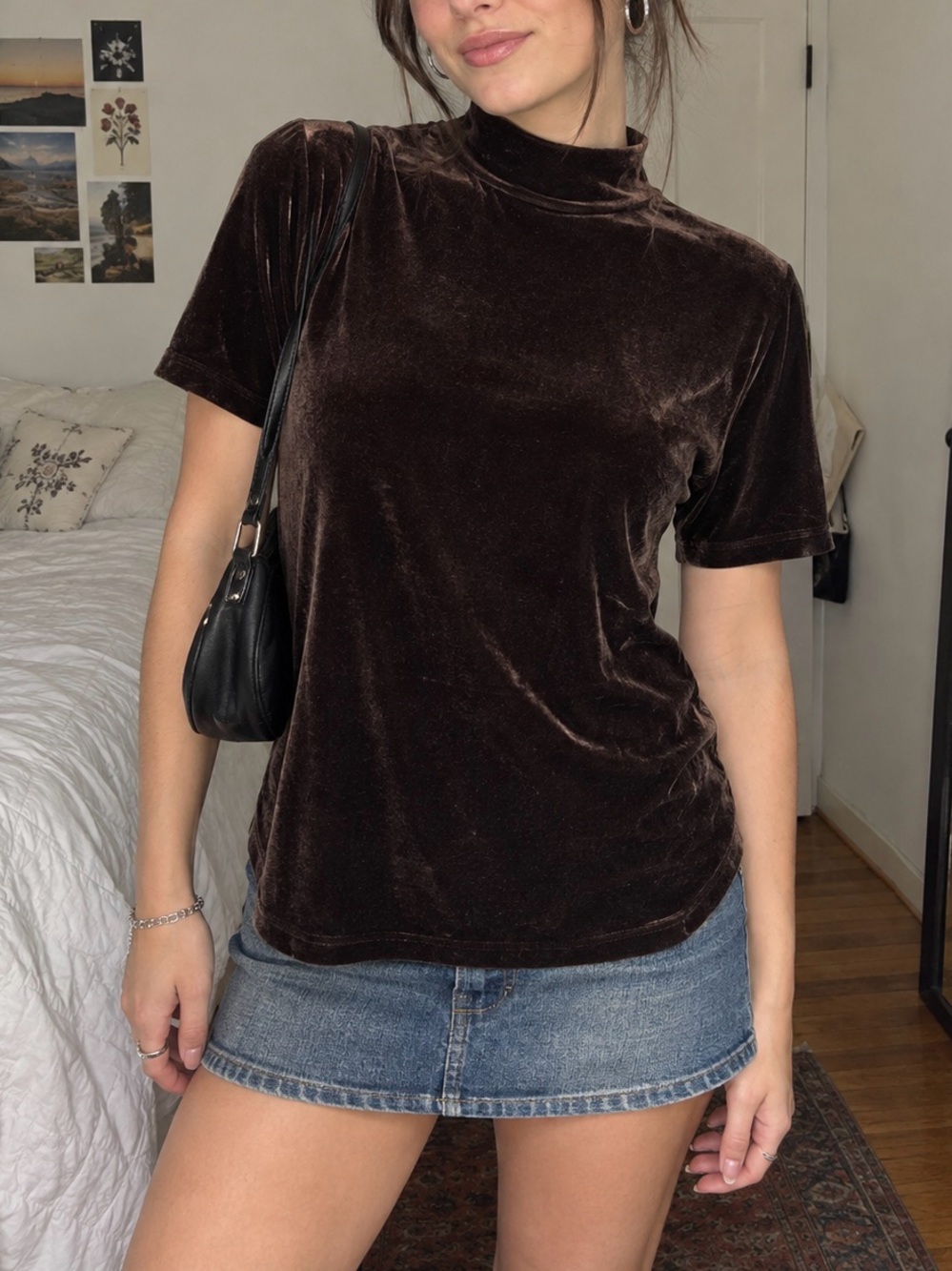 Vintage Y2K Brown Velvet Mock Neck Short Sleeve Top Dark Academia Casual 2000s